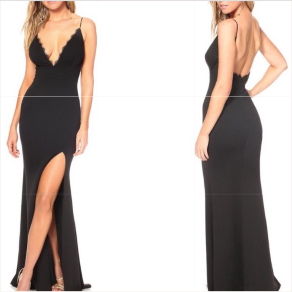 NWT Katie May- Saylor Feathered Black V- Neck Gown Size XS.